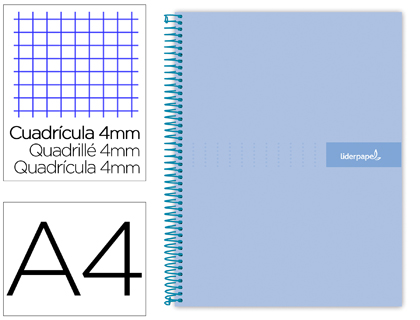 CUADERNO ESPIRAL LIDERPAPEL A4 CRAFTY TAPA FORRADA 80H 90 GR CUADRO 4MM CON MARGEN COLOR CELESTE