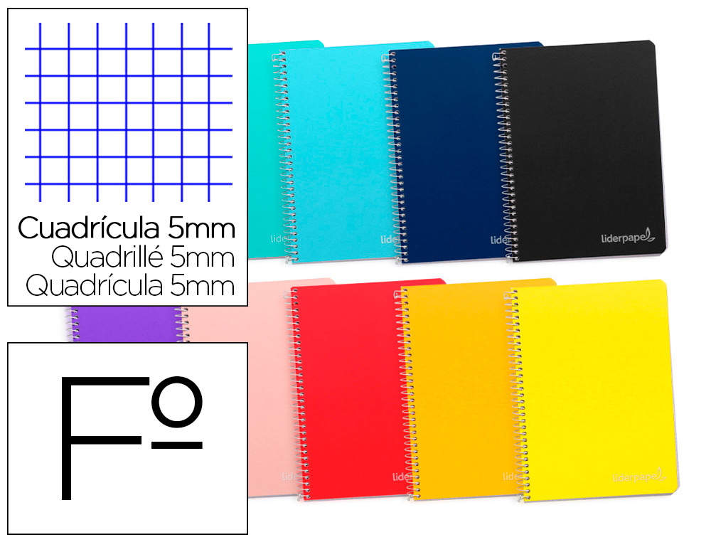 CUADERNO ESPIRAL LIDERPAPEL FOLIO WITTY TAPA DURA 80H 75GR CUADRO 5MM CON MARGEN COLORES SURTIDOS