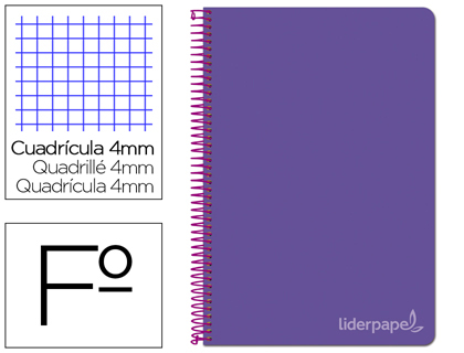 CUADERNO ESPIRAL LIDERPAPEL FOLIO WITTY TAPA DURA 80H 75GR CUADRO 4MM CON MARGEN COLOR VIOLETA