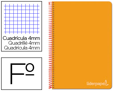CUADERNO ESPIRAL LIDERPAPEL FOLIO WITTY TAPA DURA 80H 75GR CUADRO 4MM CON MARGEN COLOR NARANJA