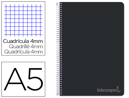 CUADERNO ESPIRAL LIDERPAPEL CUARTO WITTY TAPA DURA 80H 75GR CUADRO 4MM CON MARGEN COLOR NEGRO