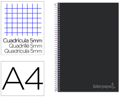 CUADERNO ESPIRAL LIDERPAPEL A4 MICRO JOLLY TAPA FORRADA 140H 75 GR CUADRO 5MM 5 BANDAS 4 TALADROS COLOR NEGRO