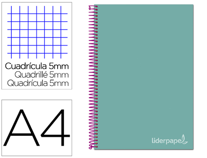 CUADERNO ESPIRAL LIDERPAPEL A4 MICRO JOLLY TAPA FORRADA 140H 75 GR CUADRO 5MM 5 BANDAS4 TALADROS COLOR TURQUESA
