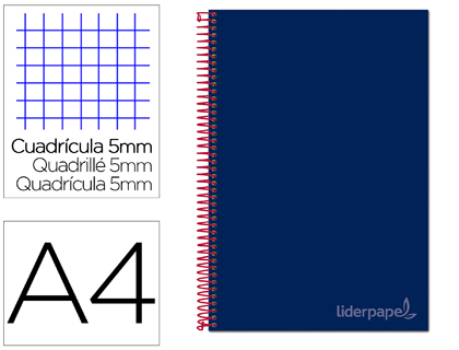 CUADERNO ESPIRAL LIDERPAPEL A4 MICRO JOLLY TAPA FORRADA 140H 75 GR CUADRO 5MM 5 BANDAS 4 TALADROS COLOR AZUL