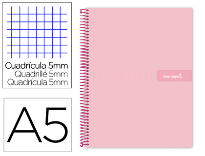 CUADERNO ESPIRAL LIDERPAPEL A5 MICRO CRAFTY TAPA FORRADA 120H 90 GR CUADRO 5MM 5 BANDAS6 TALADROS COLOR ROSA