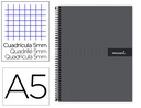 [BJ74] CUADERNO ESPIRAL LIDERPAPEL A5 MICRO CRAFTY TAPA FORRADA 120H 90 GR CUADRO 5MM 5 BANDAS6 TALADROS COLOR NEGRO