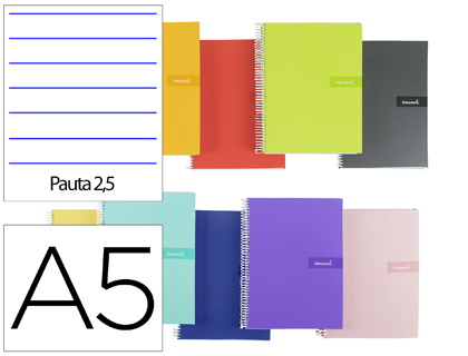 CUADERNO ESPIRAL LIDERPAPEL A5 CRAFTY TAPA FORRADA 80H 90 GR PAUTA ESTRECHA 2,5MM CON MARGEN COLORES SURTIDOS
