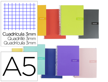 CUADERNO ESPIRAL LIDERPAPEL A5 CRAFTY TAPA FORRADA 80H 90 GR CUADRO 3 MM CON MARGEN COLORES SURTIDOS