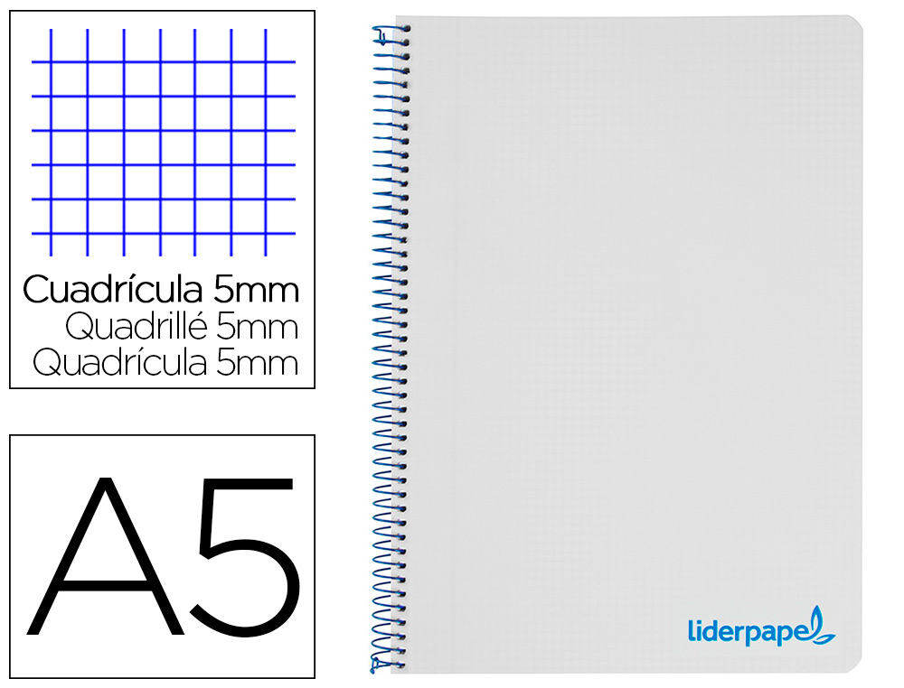 CUADERNO ESPIRAL LIDERPAPEL A5 MICRO WONDER TAPA PLASTICO 120H 90G CUADRO 5MM 5 BANDAS 6 TALADROS COLOR GRIS