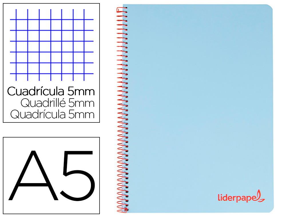 CUADERNO ESPIRAL LIDERPAPEL A5 MICRO WONDER TAPA PLASTICO 120H 90G CUADRO 5MM 5 BANDAS 6 TALADROS COLOR CELESTE