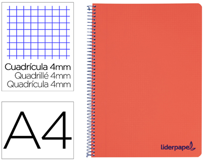 CUADERNO ESPIRAL LIDERPAPEL A4 WONDER TAPA PLASTICO 80H 90GR CUADRO 4MM CON MARGEN COLOR ROJO