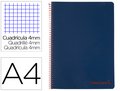 CUADERNO ESPIRAL LIDERPAPEL A4 WONDER TAPA PLASTICO 80H 90GR CUADRO 4MM CON MARGEN COLOR AZUL MARINO