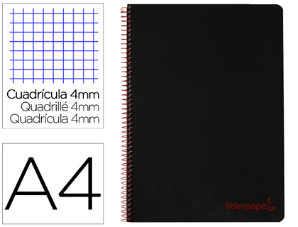 CUADERNO ESPIRAL LIDERPAPEL A4 WONDER TAPA PLASTICO 80H 90GR CUADRO 4MM CON MARGEN COLOR NEGRO