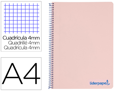 CUADERNO ESPIRAL LIDERPAPEL A4 WONDER TAPA PLASTICO 80H 90GR CUADRO 4MM CON MARGEN COLOR ROSA