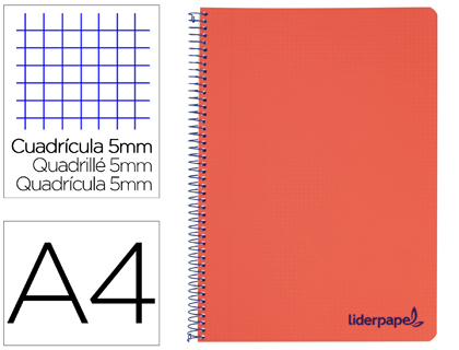 CUADERNO ESPIRAL LIDERPAPEL A4 MICRO WONDER TAPA PLASTICO 120H 90 GR CUADRO 5 MM 5 BANDAS 4 TALADROS COLOR ROJO