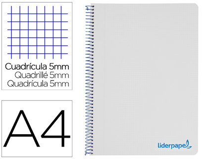 CUADERNO ESPIRAL LIDERPAPEL A4 MICRO WONDER TAPA PLASTICO 120H 90 GR CUADRO 5 MM 5 BANDAS 4 TALADROS COLOR GRIS