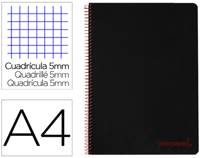 CUADERNO ESPIRAL LIDERPAPEL A4 MICRO WONDER TAPA PLASTICO 120H 90 GR CUADRO 5 MM 5 BANDAS 4 TALADROS COLOR NEGRO