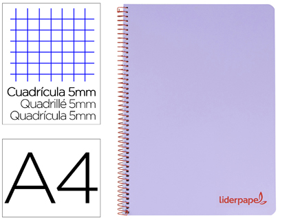 CUADERNO ESPIRAL LIDERPAPEL A4 MICRO WONDER TAPA PLASTICO 120H 90 GR CUADRO 5 MM 5 BANDA4 TALADROS COLOR LILA