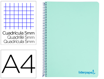 CUADERNO ESPIRAL LIDERPAPEL A4 MICRO WONDER TAPA PLASTICO 120H 90 GR CUADRO 5 MM 5 BANDA4 TALADRO COLOR VERDE TURQUESA