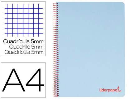 CUADERNO ESPIRAL LIDERPAPEL A4 MICRO WONDER TAPA PLASTICO 120H 90 GR CUADRO 5 MM 5 BANDA4 TALADROS COLOR CELESTE