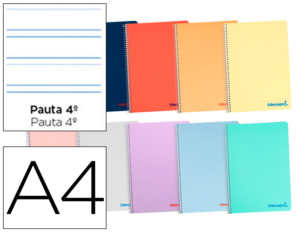 CUADERNO ESPIRAL LIDERPAPEL A4 WONDER TAPA PLASTICO 80H 90GR PAUTA ANCHA 3,5MM CON MARGEN COLORES SURTIDOS