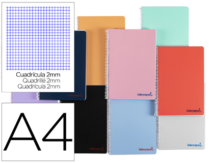 CUADERNO ESPIRAL LIDERPAPEL A4 WONDER TAPA PLASTICO 80H 90GR MILIMETRADO 2MM CON MARGEN COLORES SURTIDOS