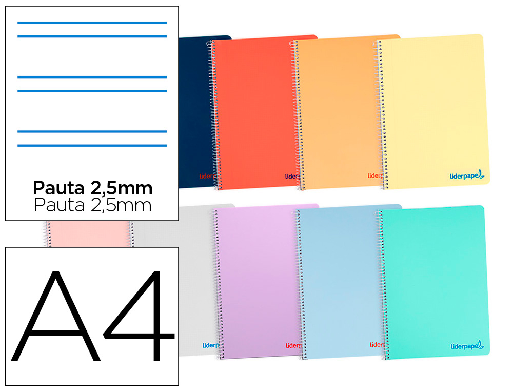 CUADERNO ESPIRAL LIDERPAPEL A4 WONDER TAPA PLASTICO 80H 90GR PAUTA ESTRECHA 2,5MM CON MARGEN COLORES SURTIDOS