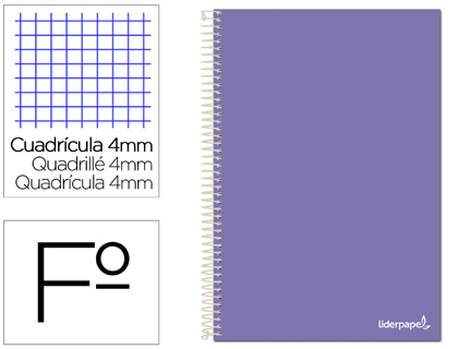 CUADERNO ESPIRAL LIDERPAPEL FOLIO SMART TAPA BLANDA 80H 60GR CUADRO 4MM CON MARGEN COLOR VIOLETA
