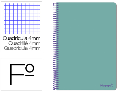 CUADERNO ESPIRAL LIDERPAPEL FOLIO SMART TAPA BLANDA 80H 60GR CUADRO 4MM CON MARGEN COLOR TURQUESA