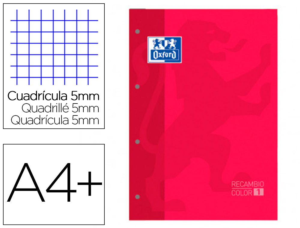 RECAMBIO COLOR 1 OXFORD DIN A4+ 80 HOJAS 90 GR CUADRO 5 MM 4 TALADROS COLOR ROJO