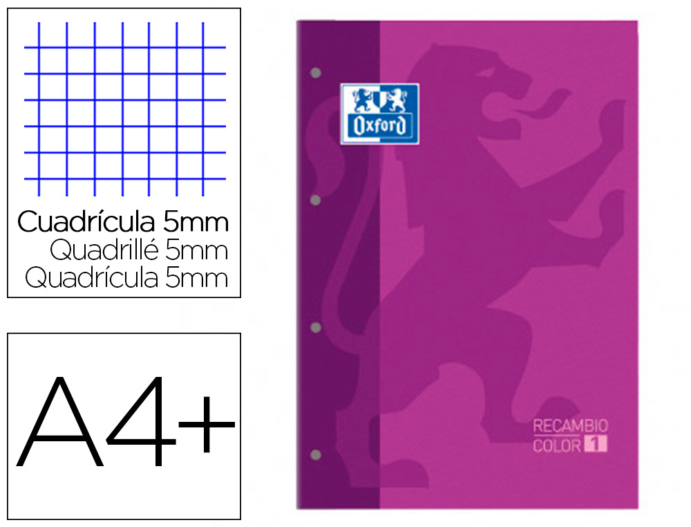 RECAMBIO COLOR 1 OXFORD DIN A4+ 80 HOJAS 90 GR CUADRO 5 MM 4 TALADROS COLOR MORADO