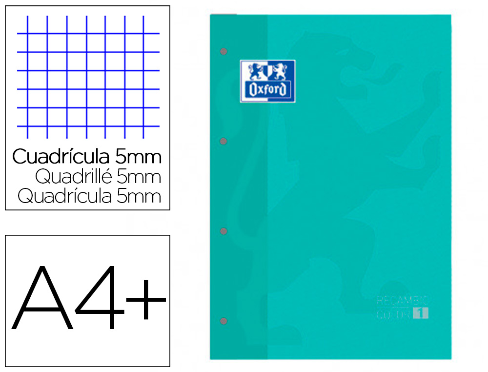 RECAMBIO COLOR 1 OXFORD DIN A4+ 80 HOJAS 90 GR CUADRO 5 MM 4 TALADROS COLOR ICE MINT
