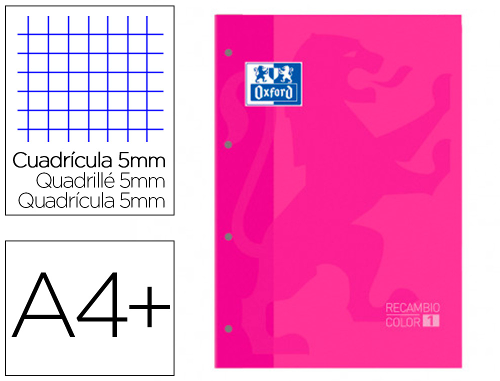 RECAMBIO COLOR 1 OXFORD DIN A4+ 80 HOJAS 90 GR CUADRO 5 MM 4 TALADROS COLOR FUCSIA