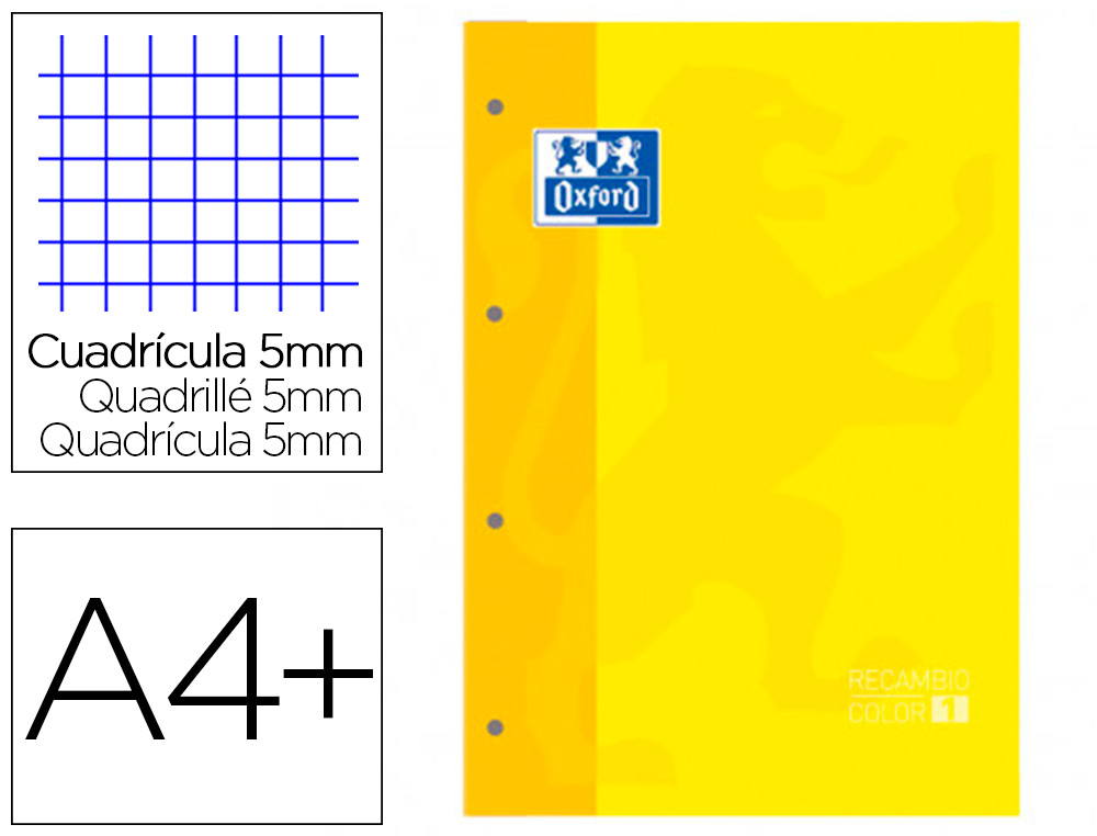 RECAMBIO COLOR 1 OXFORD DIN A4+ 80 HOJAS 90 GR CUADRO 5 MM 4 TALADROS COLOR AMARILLO