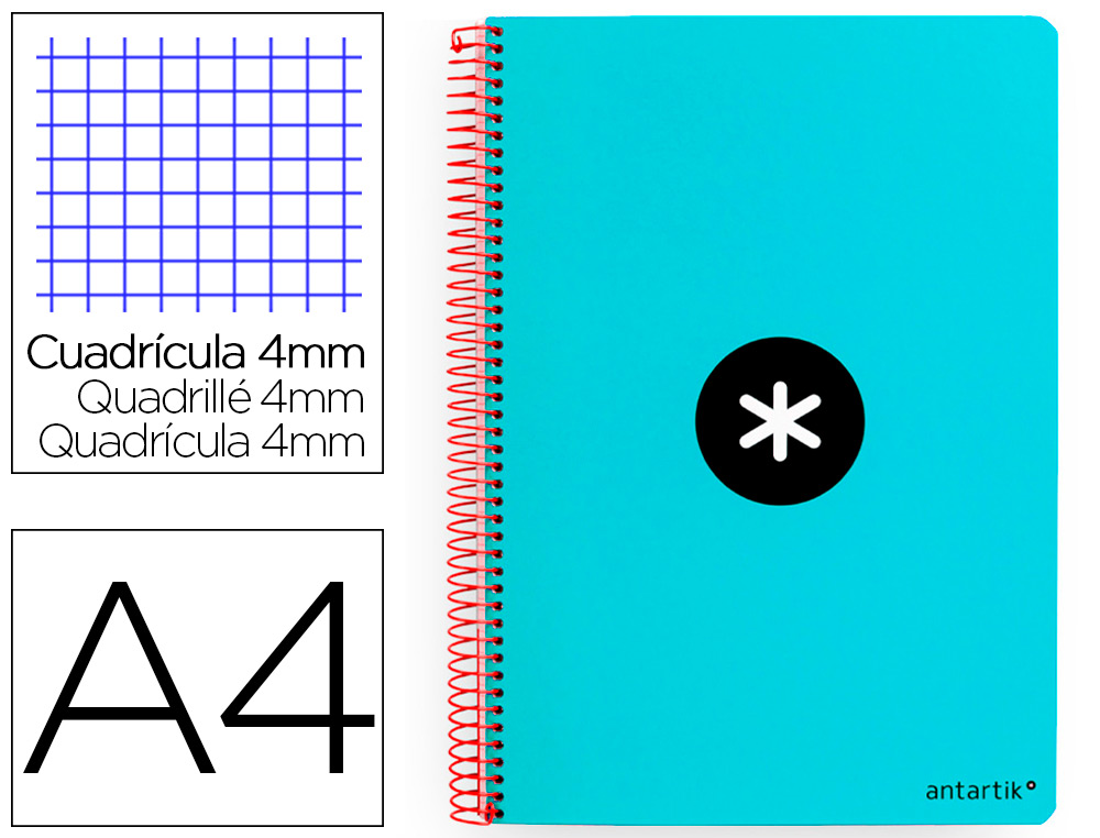 CUADERNO ESPIRAL LIDERPAPEL A4 ANTARTIK TAPA DURA 80H 100GR CUADRO 4MM CON MARGEN COLOR TURQUESA