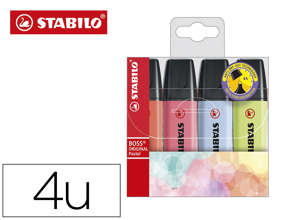ROTULADOR STABILO BOSS FLUORESCENTE 70 PASTEL ESTUCHE DE 4 UNIDADES COLORES SURTIDOS