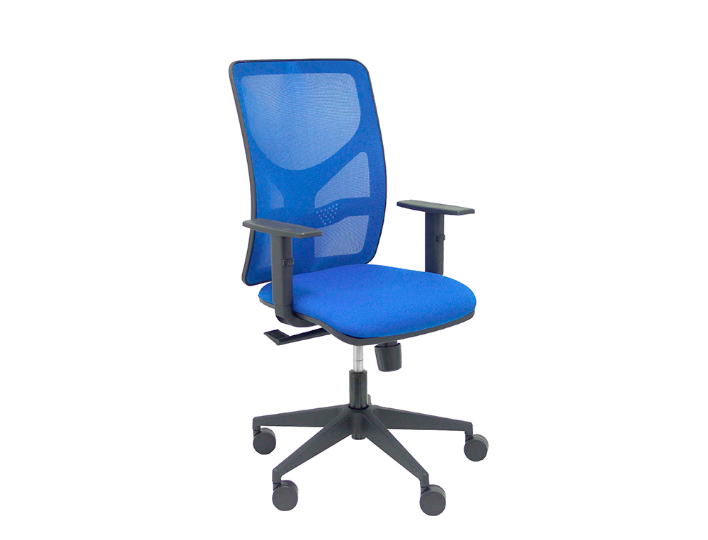 SILLA DE OFICINA PYC MOTILLA CON BRAZOS REGULABLE RESPALDO EN MALLA Y ASIENTO BALI EN TELA COLOR AZUL