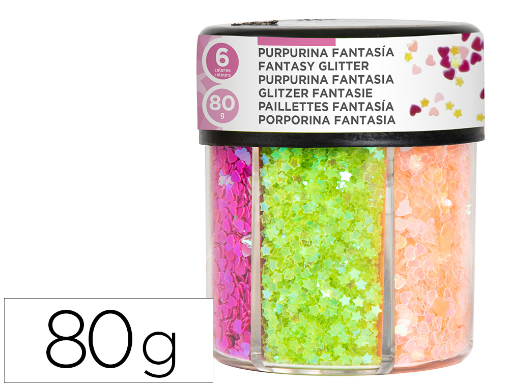 PURPURINA FANTASIA LIDERPAPEL CORAZON Y ESTRELLA COLORES NEON BOTE DE 80GR