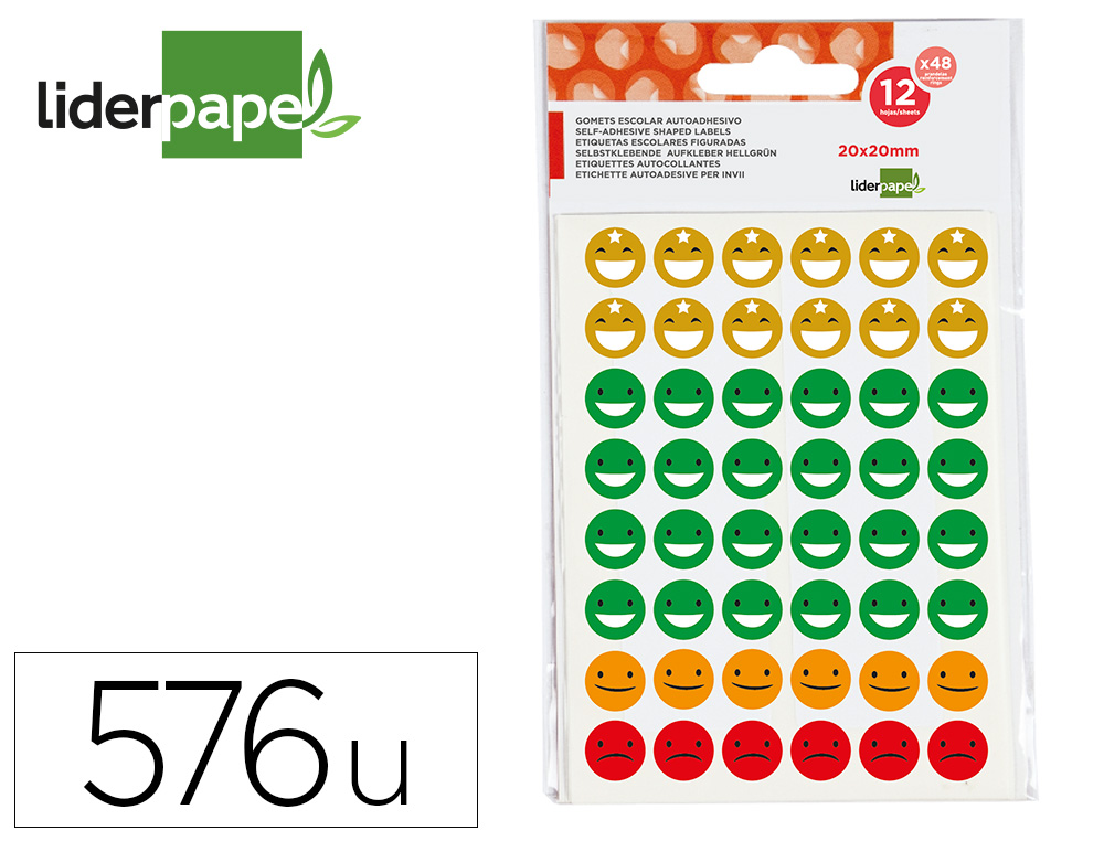 GOMETS ESCOLAR LIDERPAPEL CARAS BOLSA DE 12 HOJAS 48 CARAS POR HOJA COLORES SURTIDOS