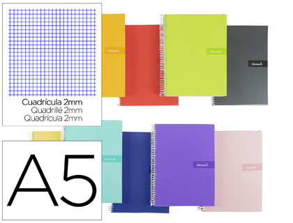 CUADERNO ESPIRAL LIDERPAPEL A5 CRAFTY TAPA FORRADA 80H 90 GR MILIMETRADO 2MM COLORES SURTIDOS