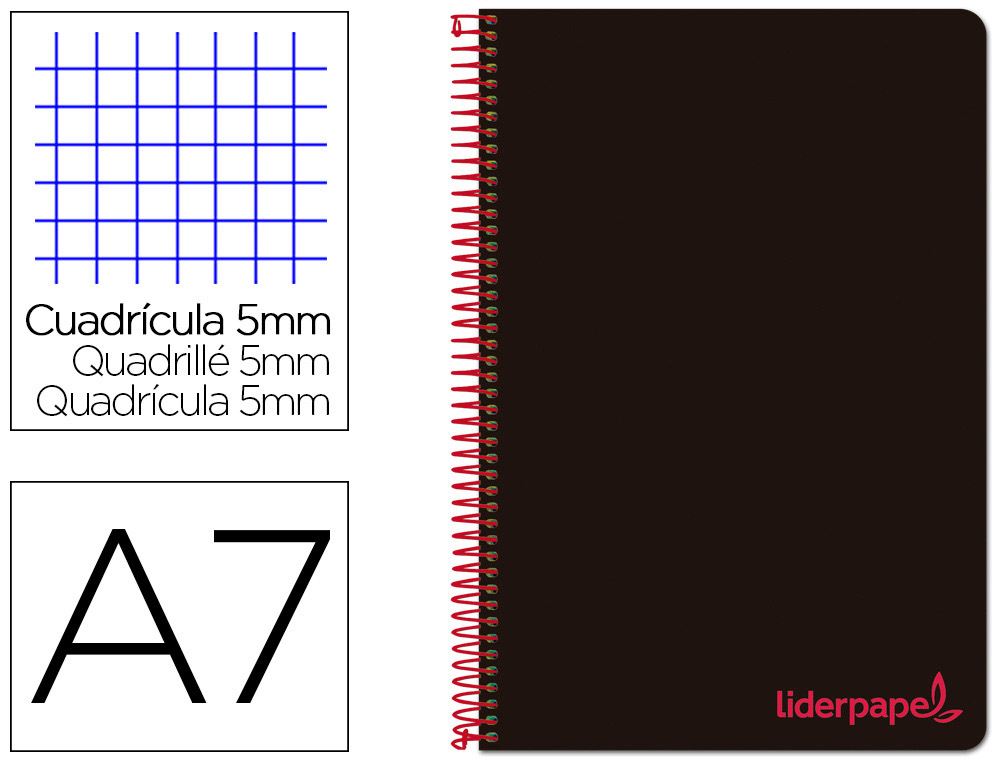 CUADERNO ESPIRAL LIDERPAPEL A7 MICRO WONDER TAPA PLASTICO 100H 90 GR CUADRO 5MM 4 BANDAS COLOR NEGRO