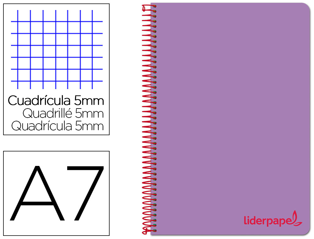 CUADERNO ESPIRAL LIDERPAPEL A7 MICRO WONDER TAPA PLASTICO 100H 90 GR CUADRO 5MM 4 BANDAS COLOR VIOLETA