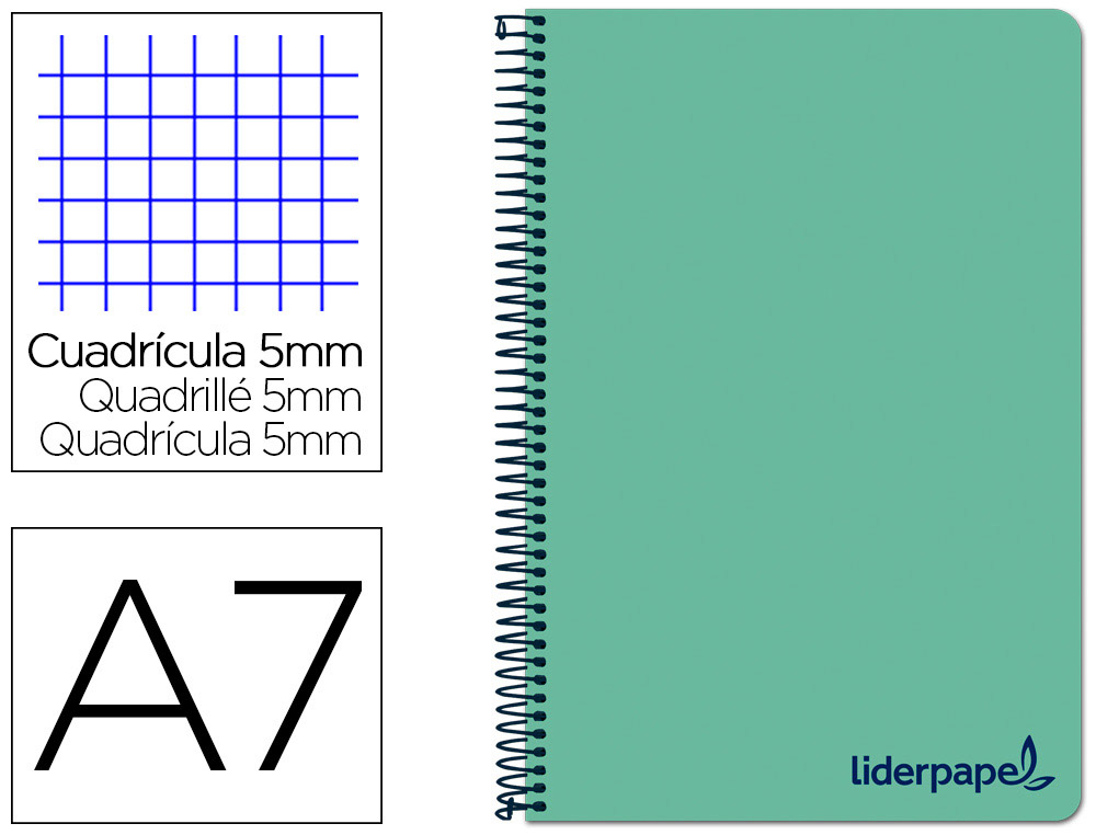 CUADERNO ESPIRAL LIDERPAPEL A7 MICRO WONDER TAPA PLASTICO 100H 90 GR CUADRO 5MM 4 BANDASCOLOR VERDE PASTEL TURQUESA