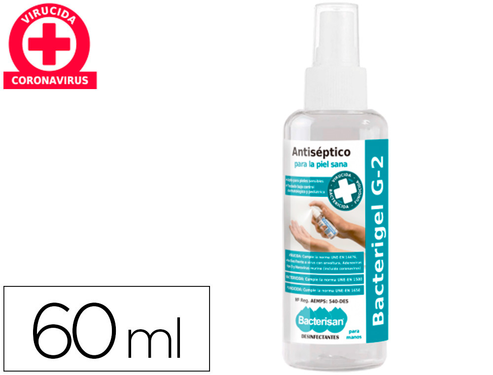 GEL HIDROALCOHOLICO ANTISEPTICO BACTERIGEL G2 PARA MANOS LIMPIA DESINFECTA SIN ACLARADO. SPRAY DE 60 ML