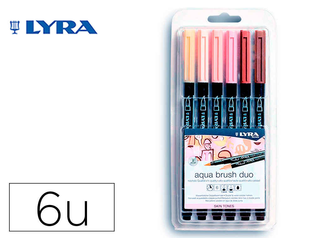 ROTULADOR LYRA AQUA BRUSH ACUARELABLE DOBLE PUNTA Y PINCEL TONOS PIEL BLISTER DE 6 UNIDADES SURTIDAS