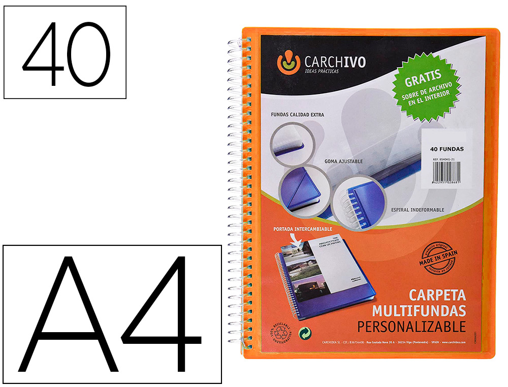 CARPETA CARCHIVO ARCHIVEX POLIPROPILENO CANGURO NARANJA ESCAPARATE CON ESPIRAL 40 FUNDAS CIERRE GOMAS DIN A4