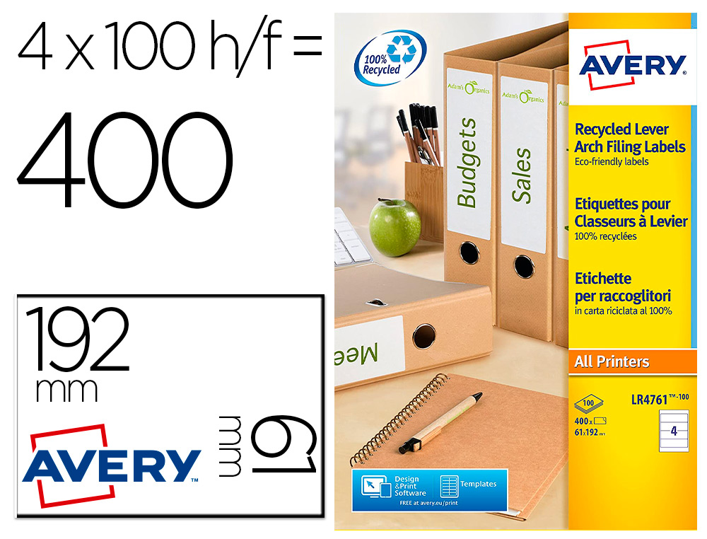 ETIQUETA ADHESIVA AVERY PAPEL BLANCO RECICLADO PARA ARCHIVADOR 192X61 MM LASER PACK DE 400 ETIQUETAS