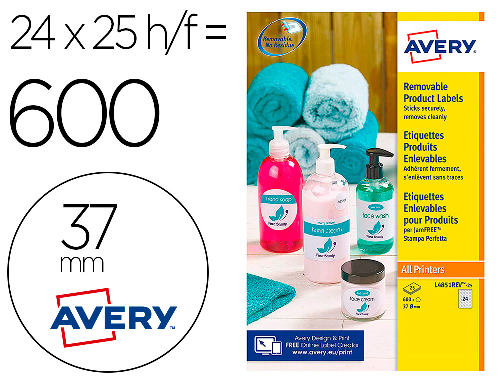 ETIQUETA ADHESIVA AVERY BLANCA REDONDA REMOVIBLE PARA LASER INK-JET FOTOCOPIADORA 37 MM CAJA DE 600 UNIDADES