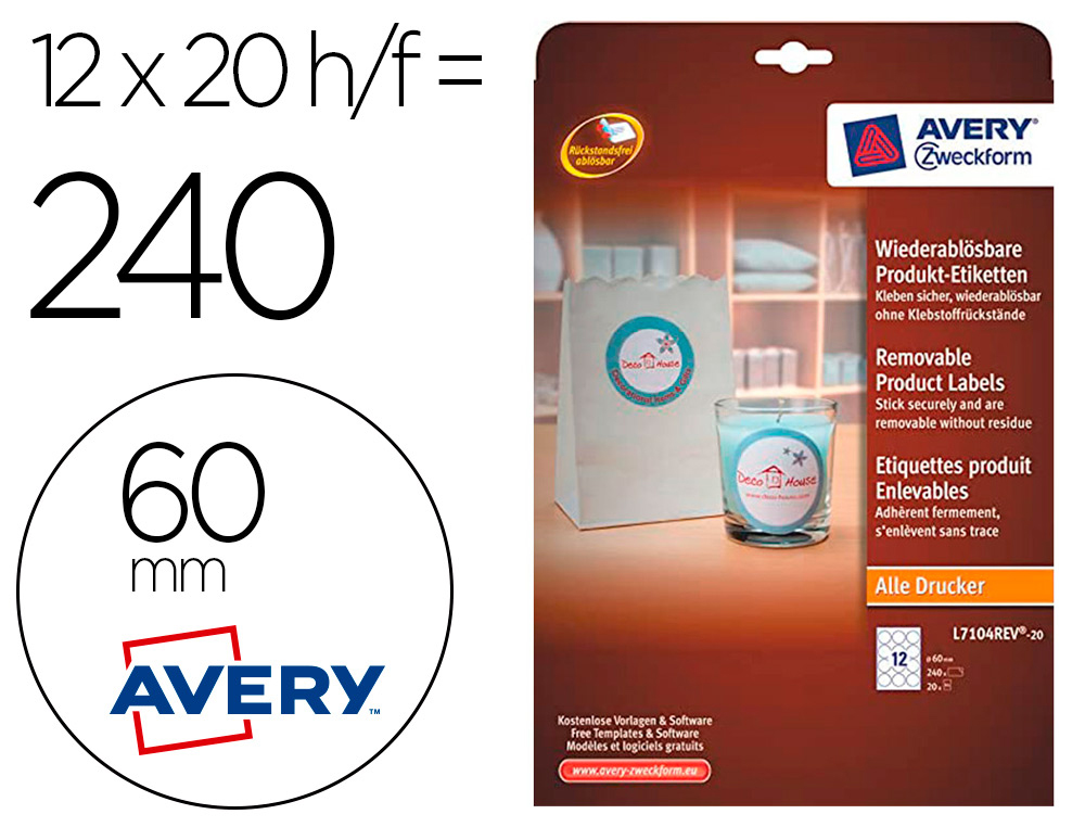 ETIQUETA ADHESIVA AVERY BLANCA REDONDA REMOVIBLE PARA LASER INK-JET FOTOCOPIADORA 60 MM CAJA DE 240 UNIDADES