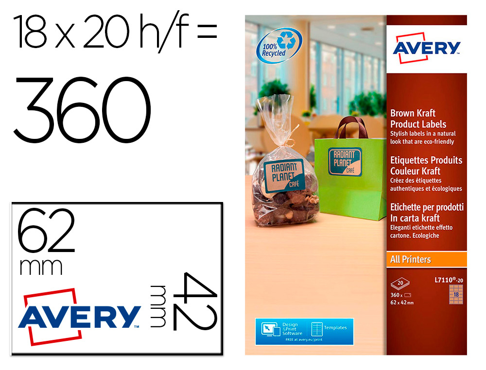 ETIQUETA ADHESIVA AVERY KRAFT EFECTO CARTON RECTANGULAR REMOVIBLE PARA IMPRESORA LASER INYECCION TINTA